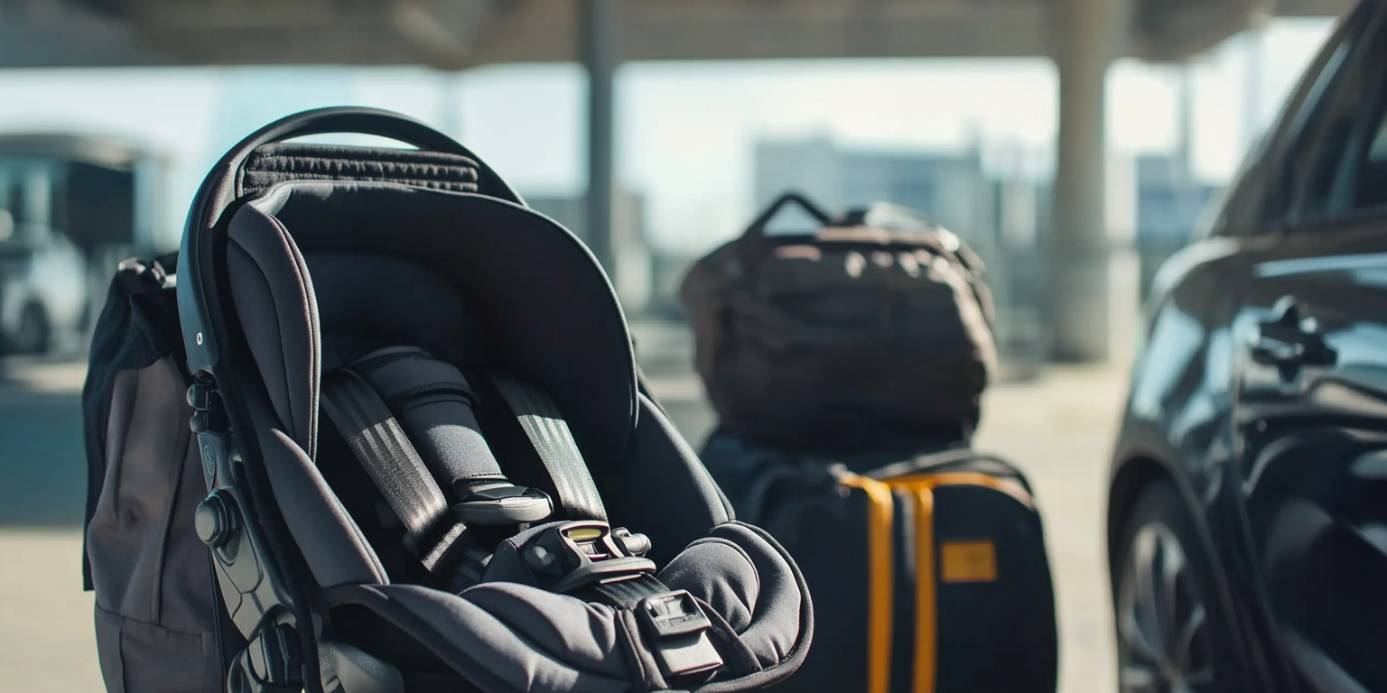 Lightweight convertible car seat installed rear-facing on airplane seat, FAA sticker visible, proper harness fit for 1-year-old